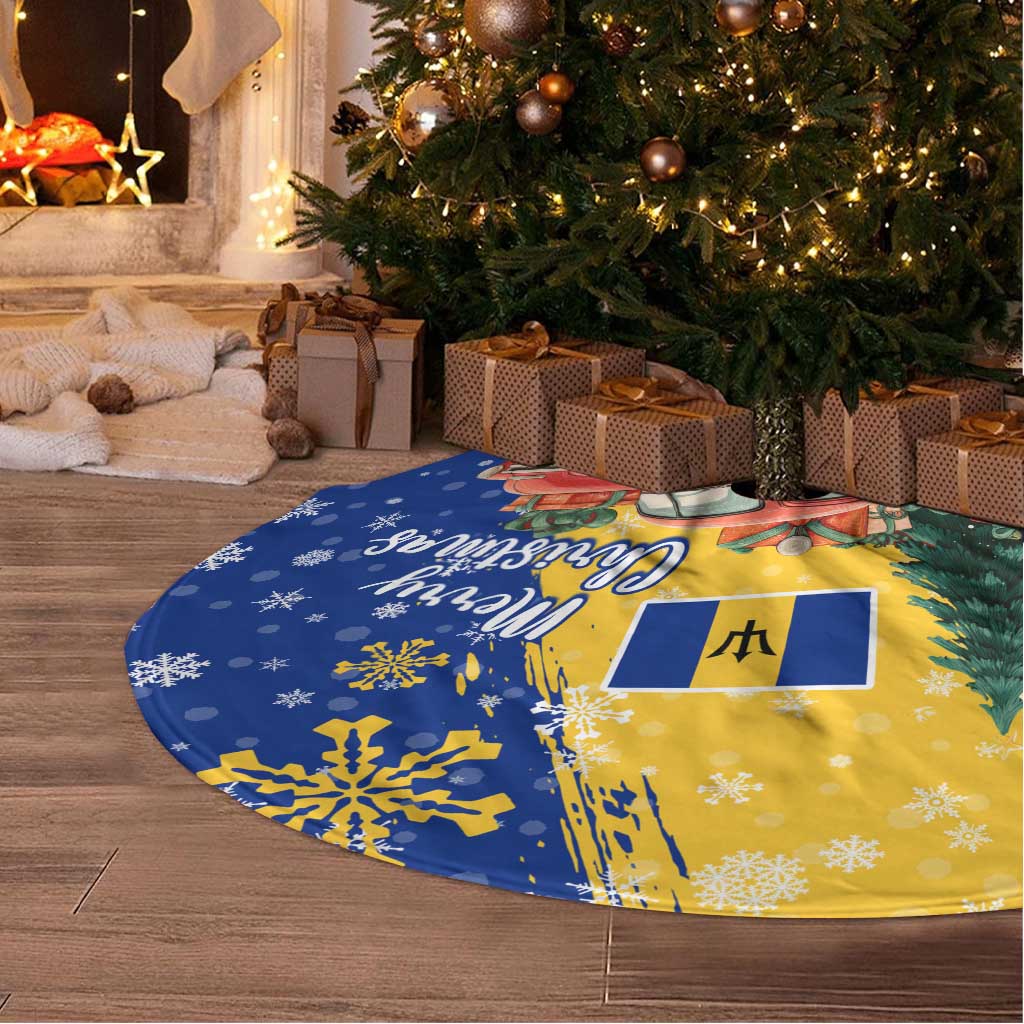 Barbados Christmas Tree Skirt with Blue Yellow Xmas Snowflakes Red Truck and Coat of Arms - Wonder Print Shop