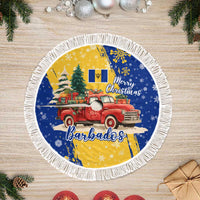 Barbados Christmas Tree Skirt with Blue Yellow Xmas Snowflakes Red Truck and Coat of Arms - Wonder Print Shop