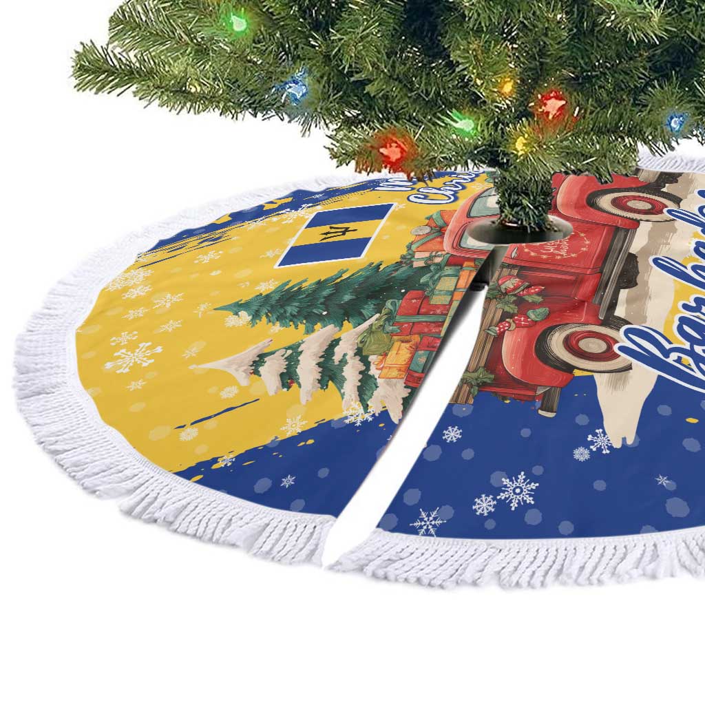 Barbados Christmas Tree Skirt with Blue Yellow Xmas Snowflakes Red Truck and Coat of Arms - Wonder Print Shop