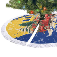 Barbados Christmas Tree Skirt with Blue Yellow Xmas Snowflakes Red Truck and Coat of Arms - Wonder Print Shop