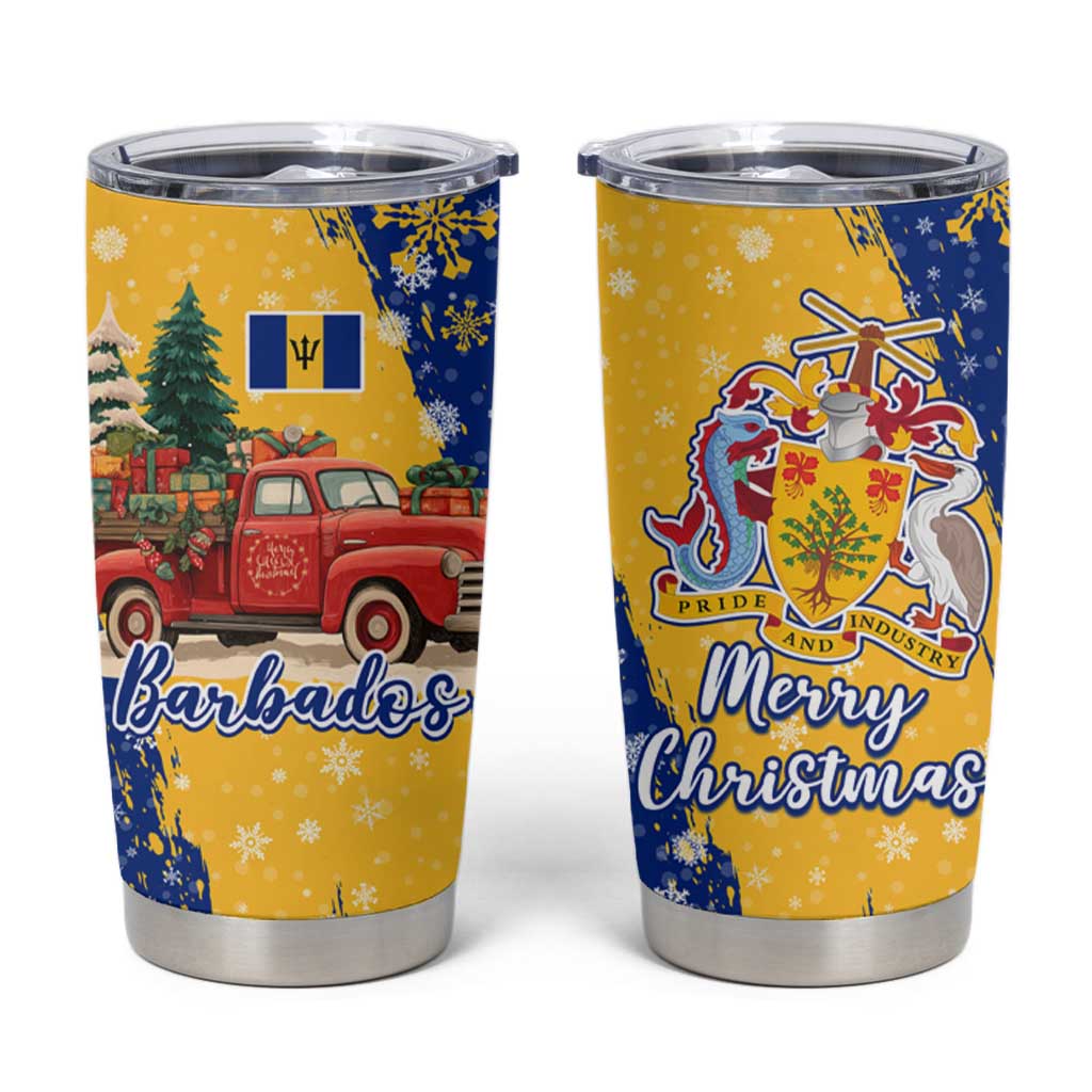 Barbados Christmas Tumbler Cup with Blue Yellow Xmas Snowflakes Red Truck and Coat of Arms - Wonder Print Shop