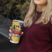 Barbados Christmas Tumbler Cup with Blue Yellow Xmas Snowflakes Red Truck and Coat of Arms - Wonder Print Shop