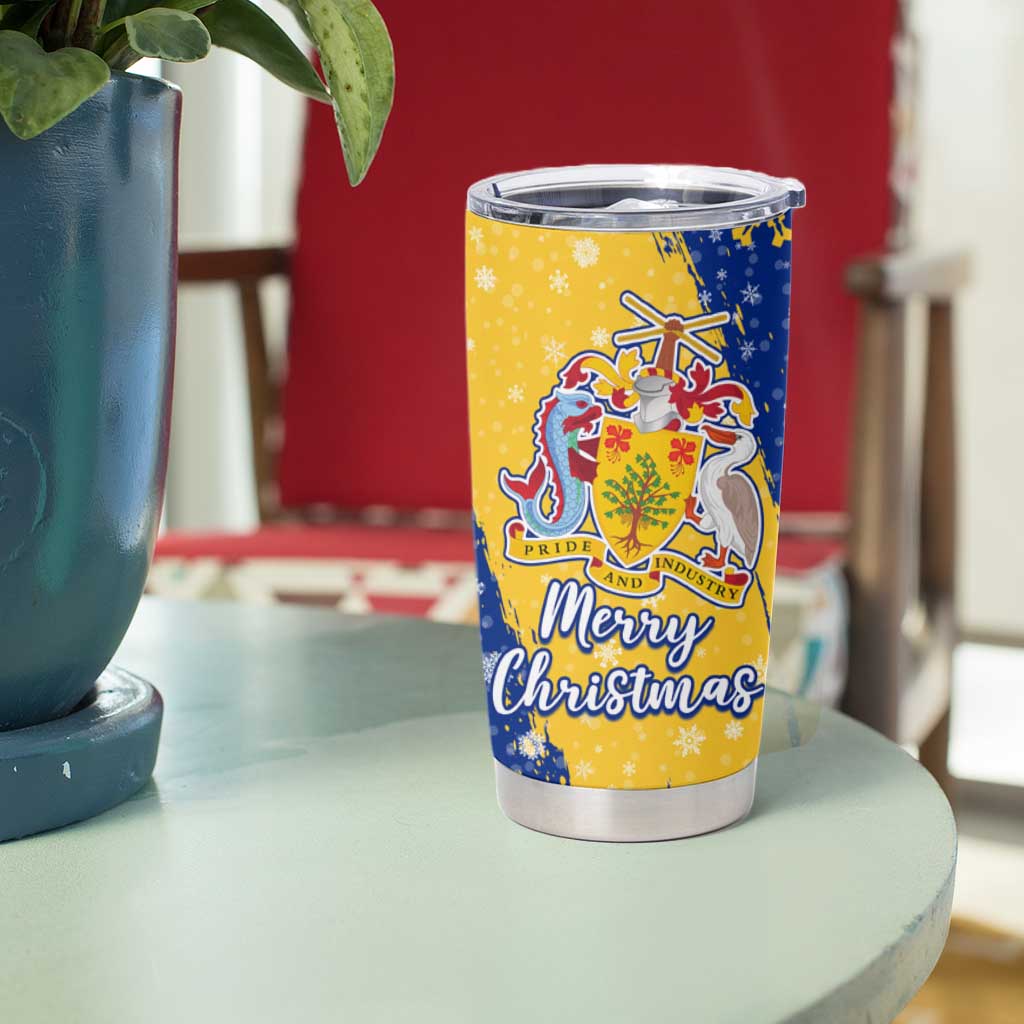 Barbados Christmas Tumbler Cup with Blue Yellow Xmas Snowflakes Red Truck and Coat of Arms - Wonder Print Shop