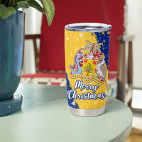 Barbados Christmas Tumbler Cup with Blue Yellow Xmas Snowflakes Red Truck and Coat of Arms - Wonder Print Shop