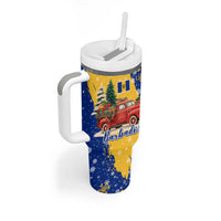 Barbados Christmas Tumbler With Handle with Blue Yellow Xmas Snowflakes Red Truck and Coat of Arms - Wonder Print Shop