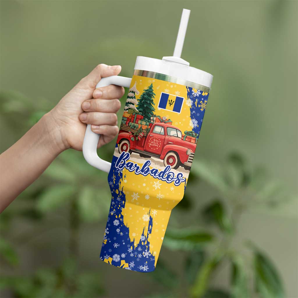 Barbados Christmas Tumbler With Handle with Blue Yellow Xmas Snowflakes Red Truck and Coat of Arms - Wonder Print Shop