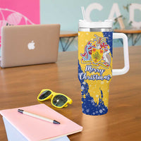 Barbados Christmas Tumbler With Handle with Blue Yellow Xmas Snowflakes Red Truck and Coat of Arms - Wonder Print Shop