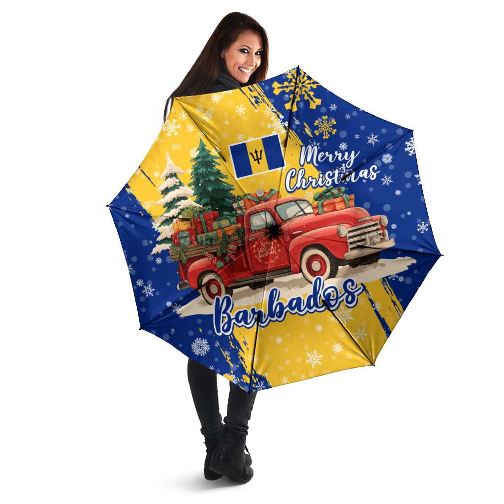 Barbados Christmas Umbrella with Blue Yellow Xmas Snowflakes Red Truck and Coat of Arms - Wonder Print Shop