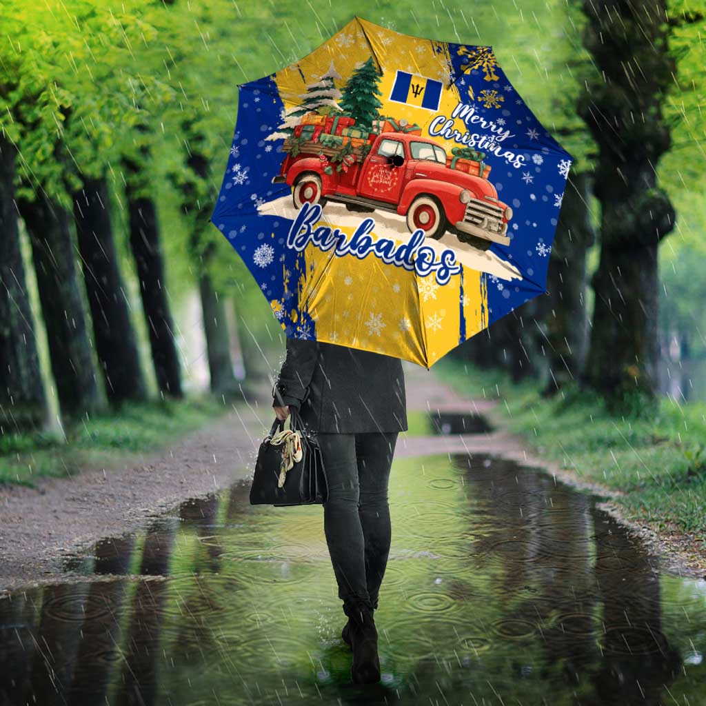 Barbados Christmas Umbrella with Blue Yellow Xmas Snowflakes Red Truck and Coat of Arms - Wonder Print Shop