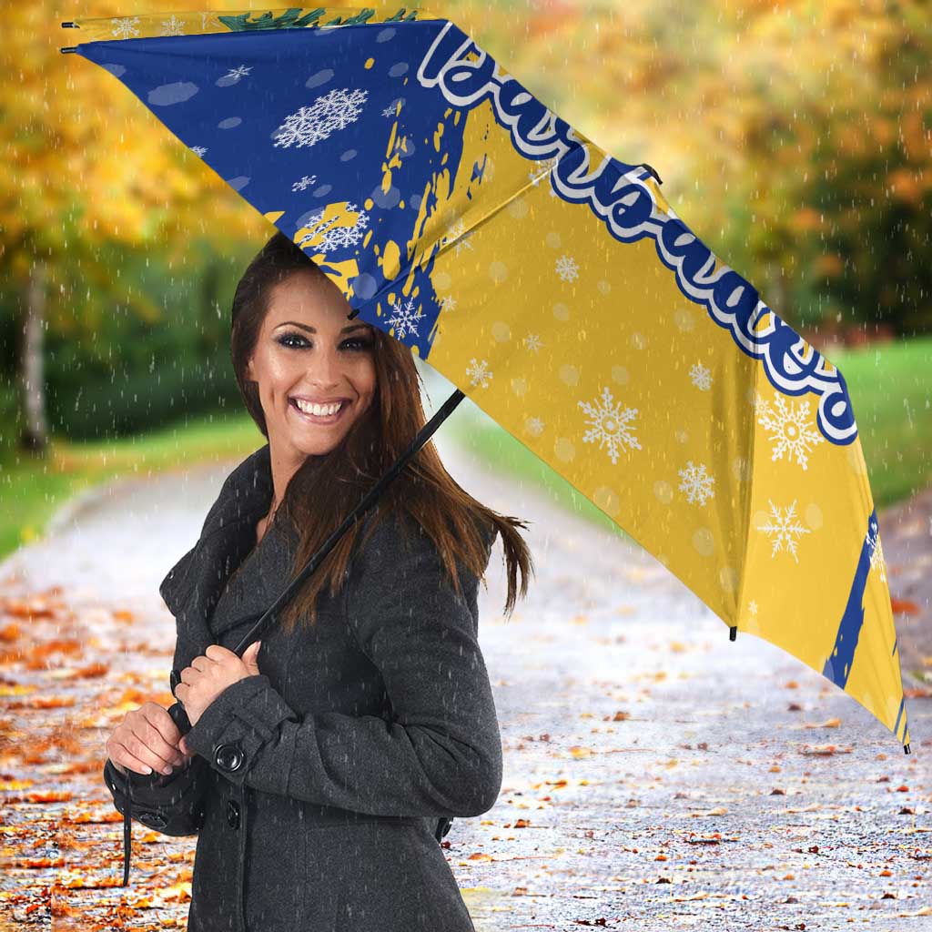 Barbados Christmas Umbrella with Blue Yellow Xmas Snowflakes Red Truck and Coat of Arms - Wonder Print Shop
