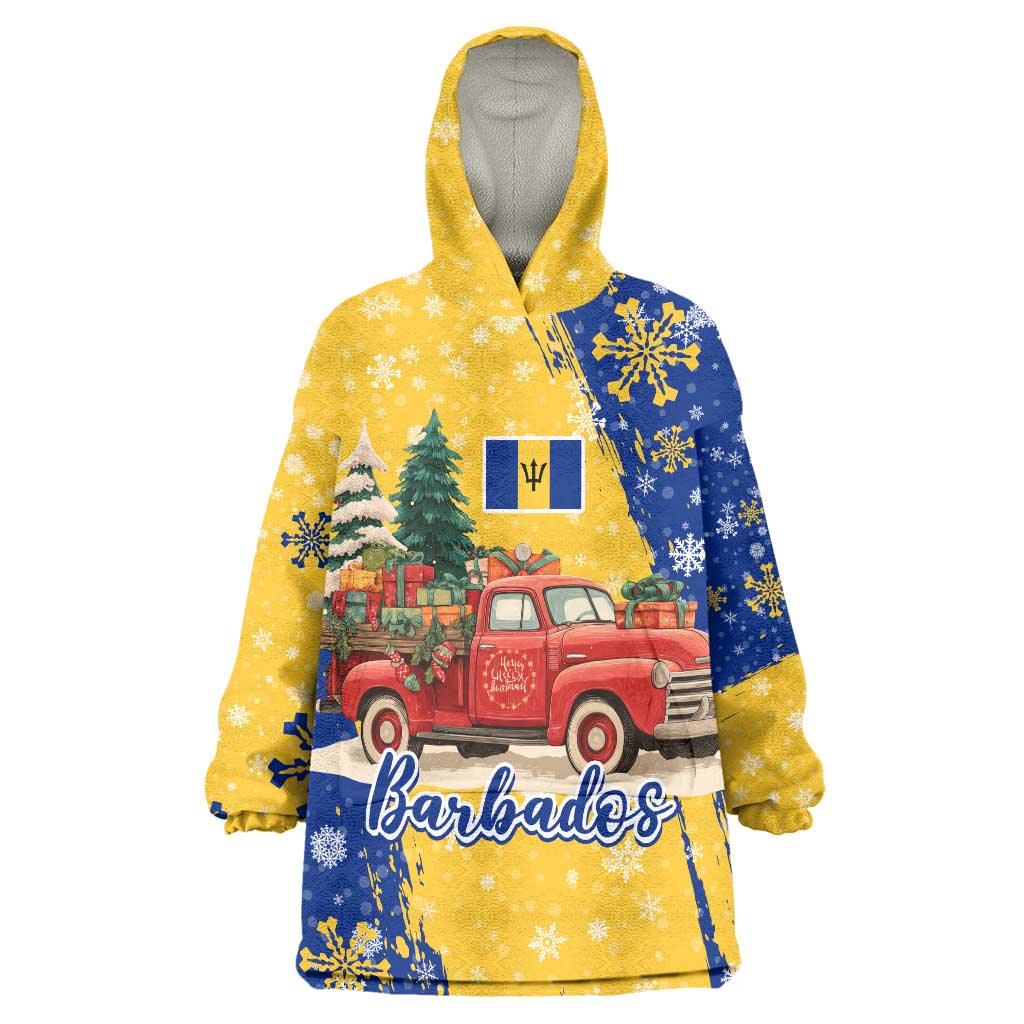 Barbados Christmas Wearable Blanket Hoodie with Blue Yellow Xmas Snowflakes Red Truck and Coat of Arms - Wonder Print Shop