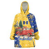 Barbados Christmas Wearable Blanket Hoodie with Blue Yellow Xmas Snowflakes Red Truck and Coat of Arms - Wonder Print Shop