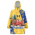 Barbados Christmas Wearable Blanket Hoodie with Blue Yellow Xmas Snowflakes Red Truck and Coat of Arms - Wonder Print Shop