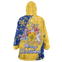 Barbados Christmas Wearable Blanket Hoodie with Blue Yellow Xmas Snowflakes Red Truck and Coat of Arms - Wonder Print Shop
