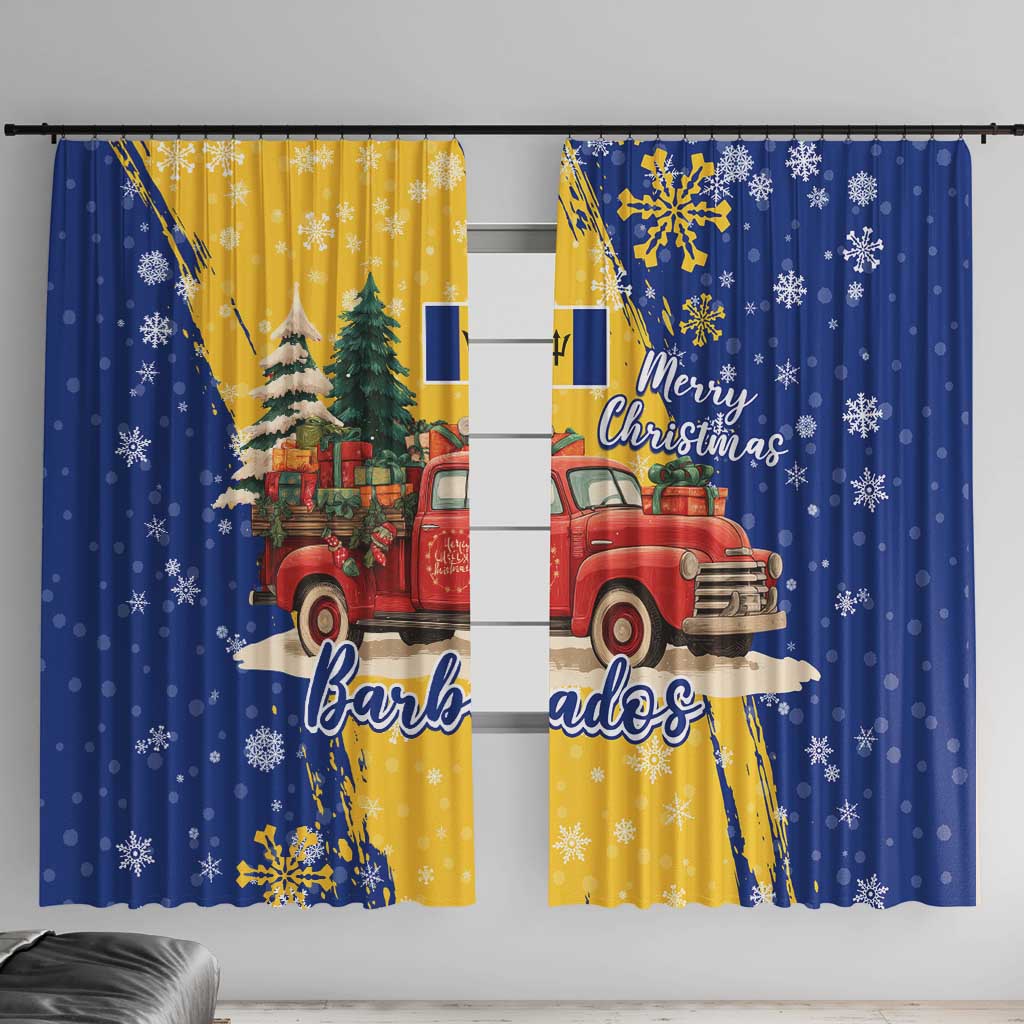 Barbados Christmas Window Curtain with Blue Yellow Xmas Snowflakes Red Truck and Coat of Arms - Wonder Print Shop