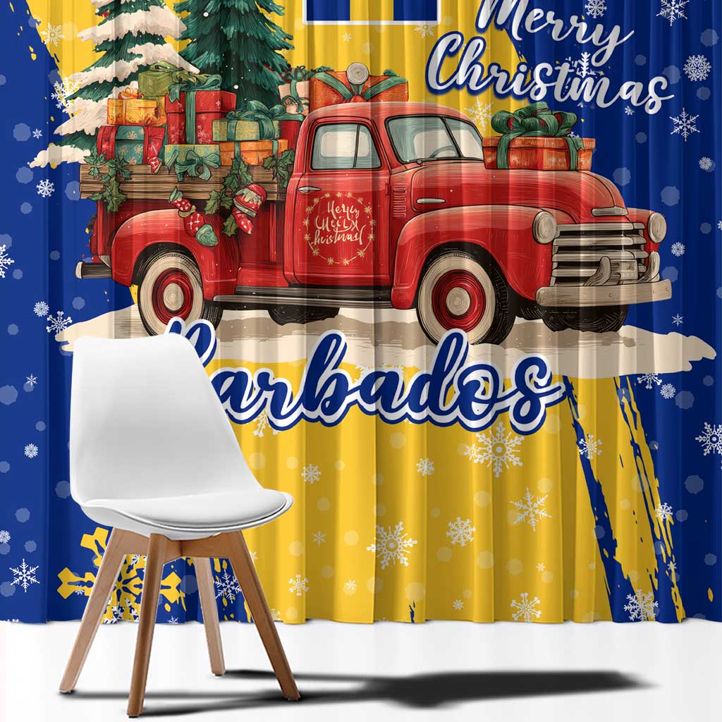 Barbados Christmas Window Curtain with Blue Yellow Xmas Snowflakes Red Truck and Coat of Arms - Wonder Print Shop