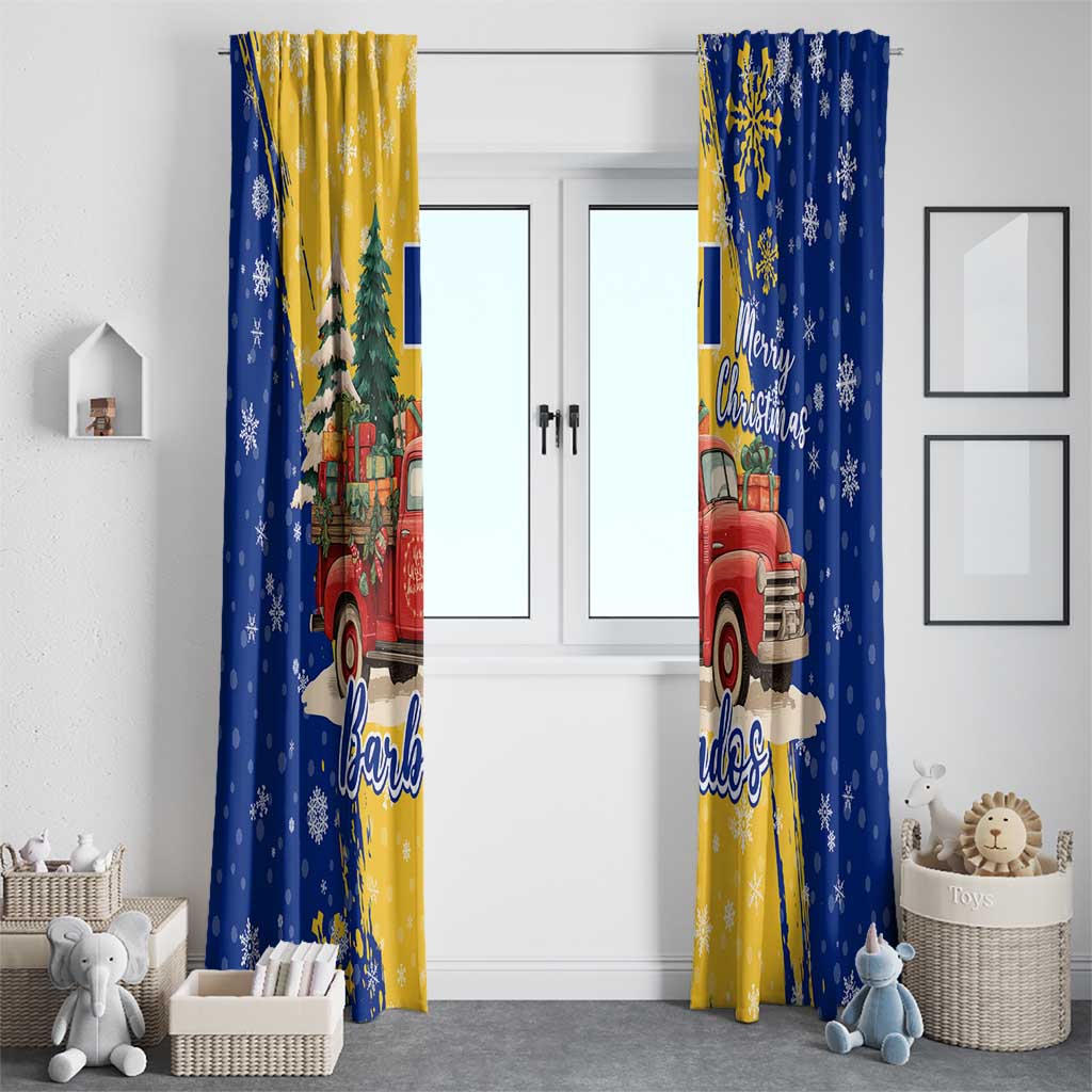 Barbados Christmas Window Curtain with Blue Yellow Xmas Snowflakes Red Truck and Coat of Arms - Wonder Print Shop