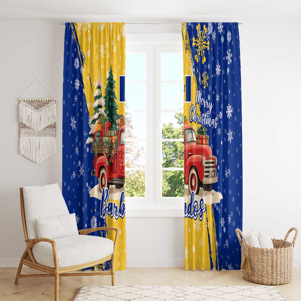 Barbados Christmas Window Curtain with Blue Yellow Xmas Snowflakes Red Truck and Coat of Arms - Wonder Print Shop
