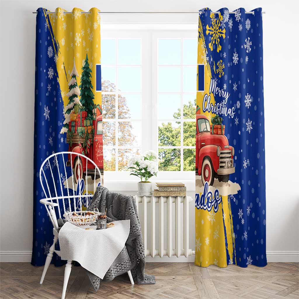 Barbados Christmas Window Curtain with Blue Yellow Xmas Snowflakes Red Truck and Coat of Arms - Wonder Print Shop
