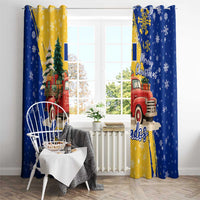 Barbados Christmas Window Curtain with Blue Yellow Xmas Snowflakes Red Truck and Coat of Arms - Wonder Print Shop