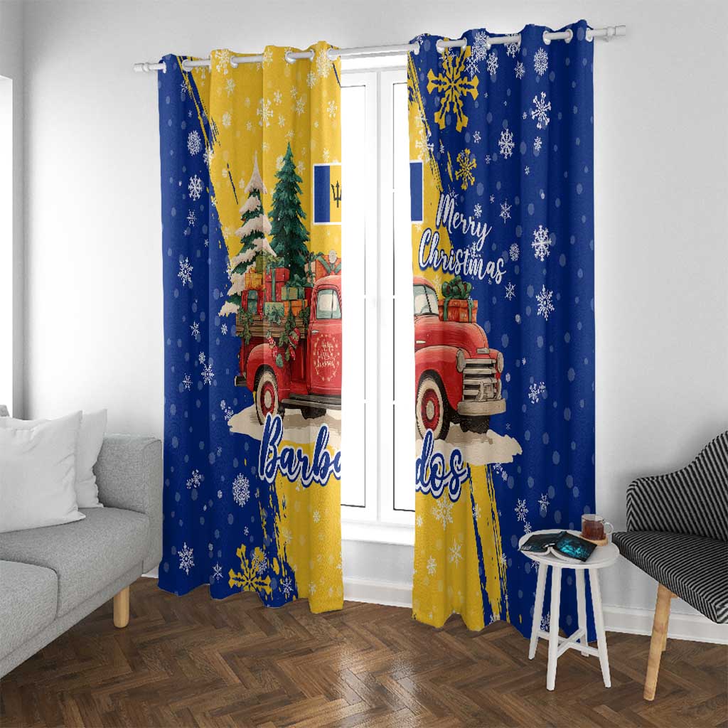 Barbados Christmas Window Curtain with Blue Yellow Xmas Snowflakes Red Truck and Coat of Arms - Wonder Print Shop