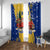 Barbados Christmas Window Curtain with Blue Yellow Xmas Snowflakes Red Truck and Coat of Arms - Wonder Print Shop