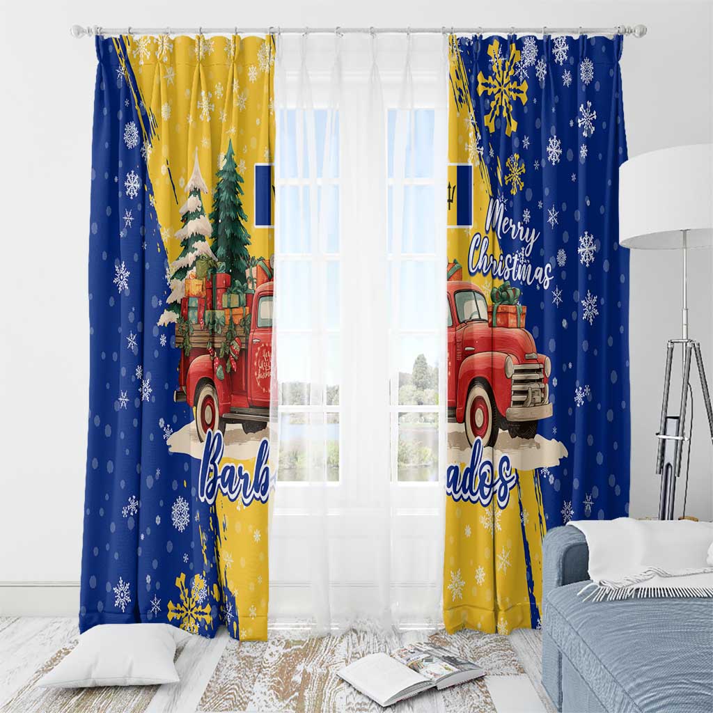 Barbados Christmas Window Curtain with Blue Yellow Xmas Snowflakes Red Truck and Coat of Arms - Wonder Print Shop