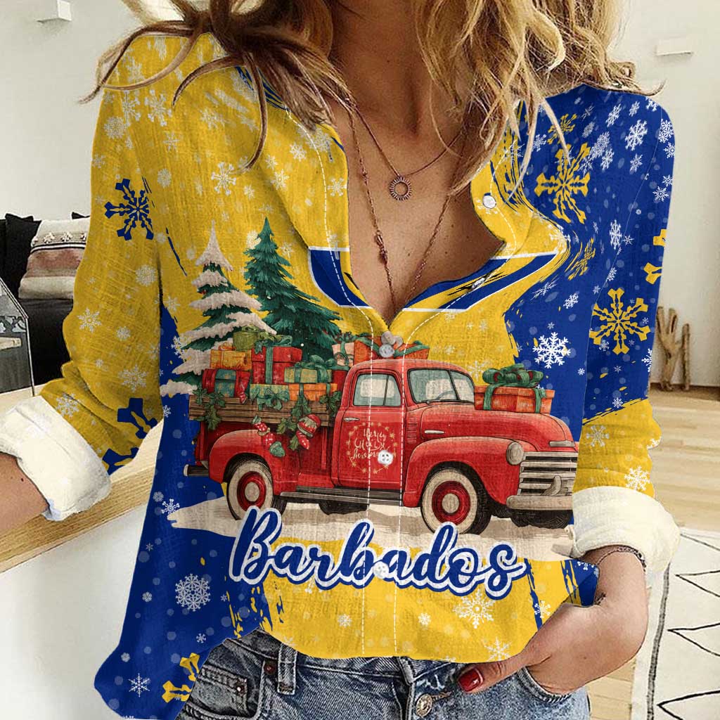 Barbados Christmas Women Casual Shirt with Blue Yellow Xmas Snowflakes Red Truck and Coat of Arms - Wonder Print Shop