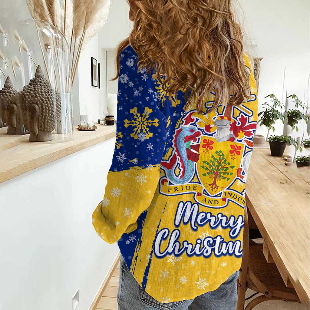 Barbados Christmas Women Casual Shirt with Blue Yellow Xmas Snowflakes Red Truck and Coat of Arms - Wonder Print Shop