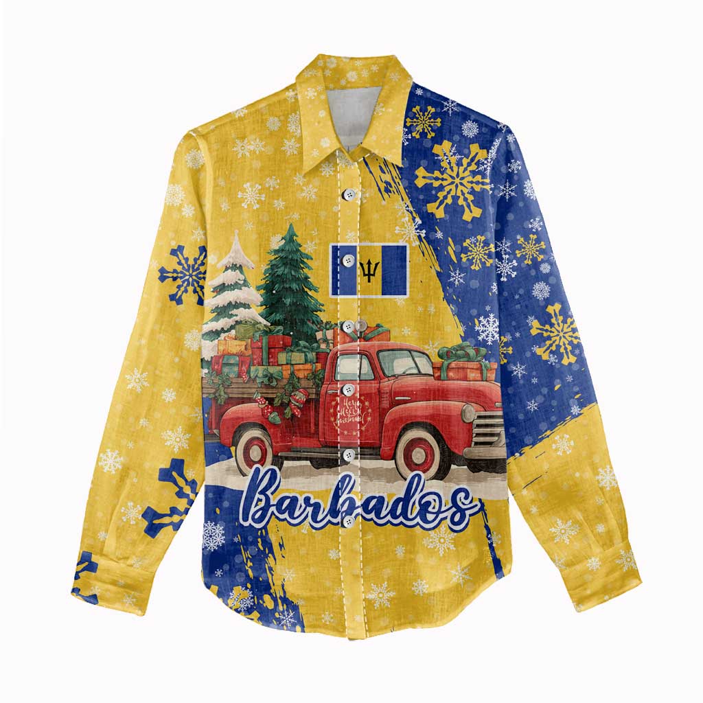 Barbados Christmas Women Casual Shirt with Blue Yellow Xmas Snowflakes Red Truck and Coat of Arms - Wonder Print Shop