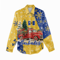 Barbados Christmas Women Casual Shirt with Blue Yellow Xmas Snowflakes Red Truck and Coat of Arms - Wonder Print Shop