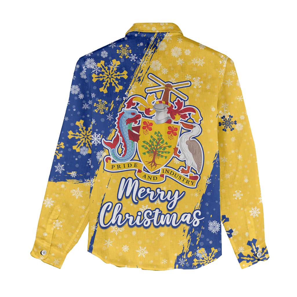 Barbados Christmas Women Casual Shirt with Blue Yellow Xmas Snowflakes Red Truck and Coat of Arms - Wonder Print Shop
