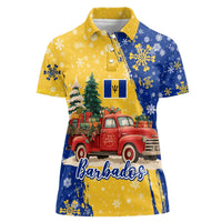 Barbados Christmas Women Polo Shirt with Blue Yellow Xmas Snowflakes Red Truck and Coat of Arms - Wonder Print Shop