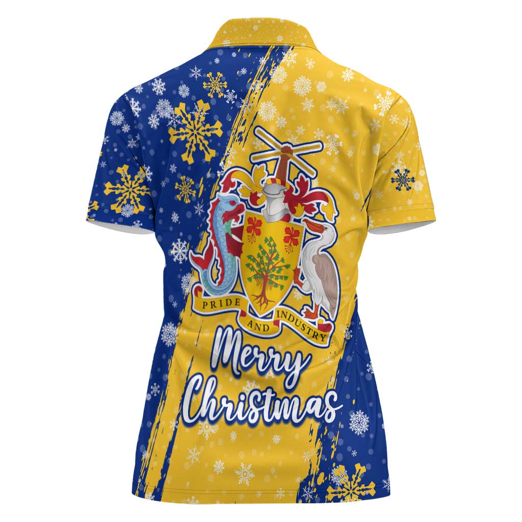 Barbados Christmas Women Polo Shirt with Blue Yellow Xmas Snowflakes Red Truck and Coat of Arms - Wonder Print Shop