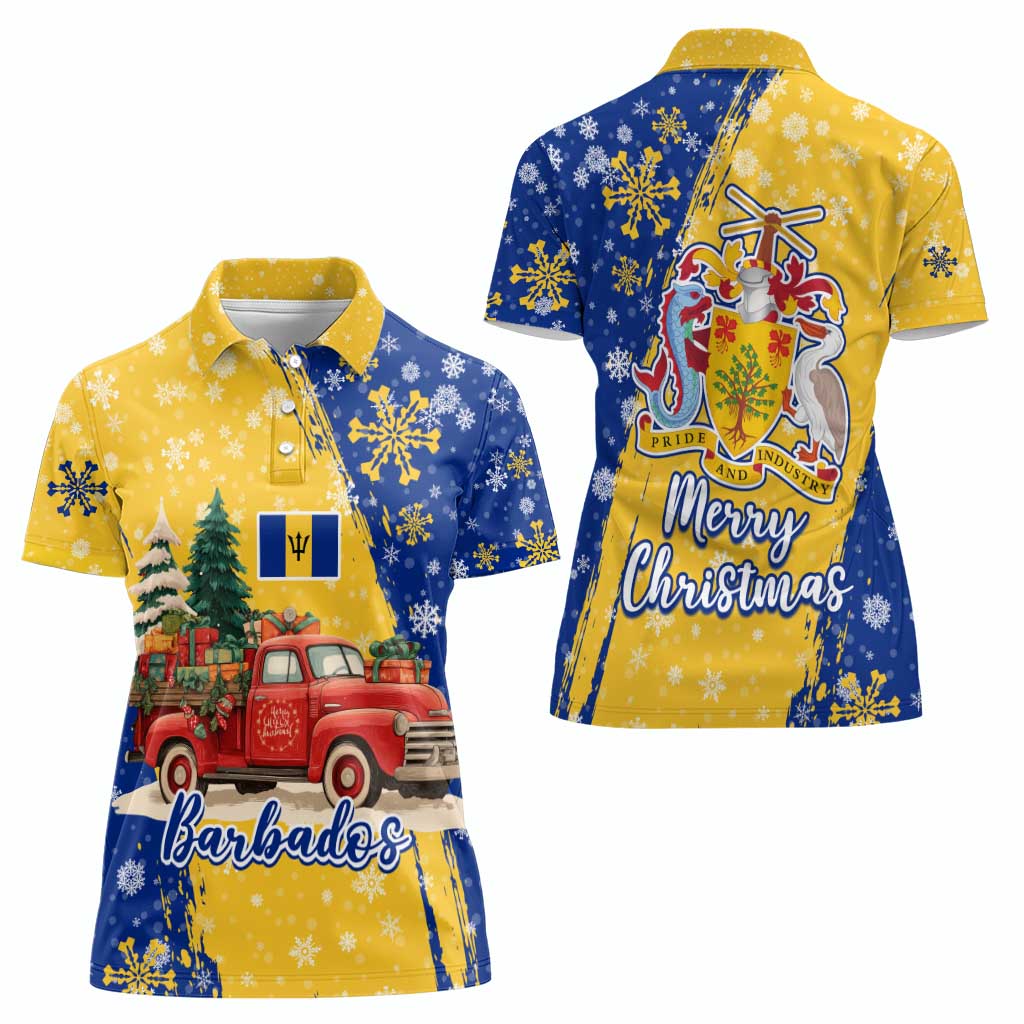 Barbados Christmas Women Polo Shirt with Blue Yellow Xmas Snowflakes Red Truck and Coat of Arms - Wonder Print Shop