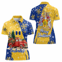 Barbados Christmas Women Polo Shirt with Blue Yellow Xmas Snowflakes Red Truck and Coat of Arms - Wonder Print Shop