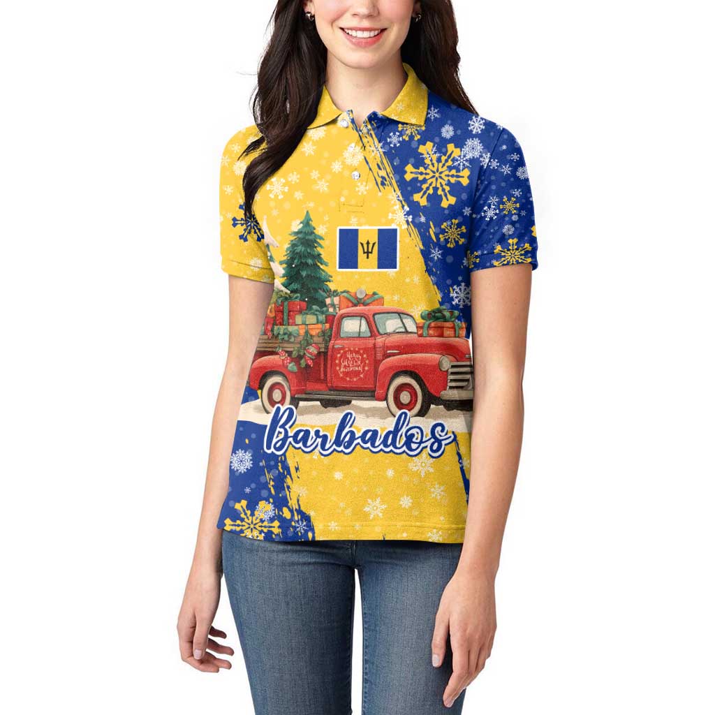 Barbados Christmas Women Polo Shirt with Blue Yellow Xmas Snowflakes Red Truck and Coat of Arms - Wonder Print Shop