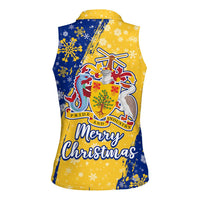 Barbados Christmas Women Sleeveless Polo Shirt with Blue Yellow Xmas Snowflakes Red Truck and Coat of Arms - Wonder Print Shop