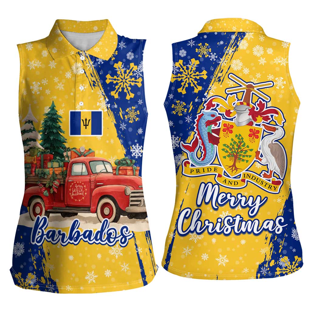 Barbados Christmas Women Sleeveless Polo Shirt with Blue Yellow Xmas Snowflakes Red Truck and Coat of Arms - Wonder Print Shop
