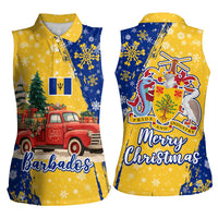 Barbados Christmas Women Sleeveless Polo Shirt with Blue Yellow Xmas Snowflakes Red Truck and Coat of Arms - Wonder Print Shop