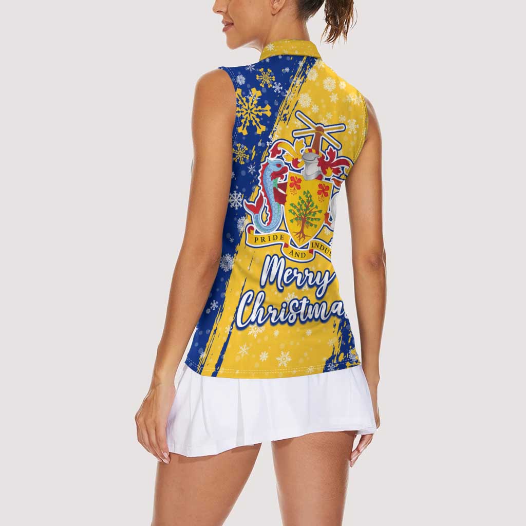 Barbados Christmas Women Sleeveless Polo Shirt with Blue Yellow Xmas Snowflakes Red Truck and Coat of Arms - Wonder Print Shop