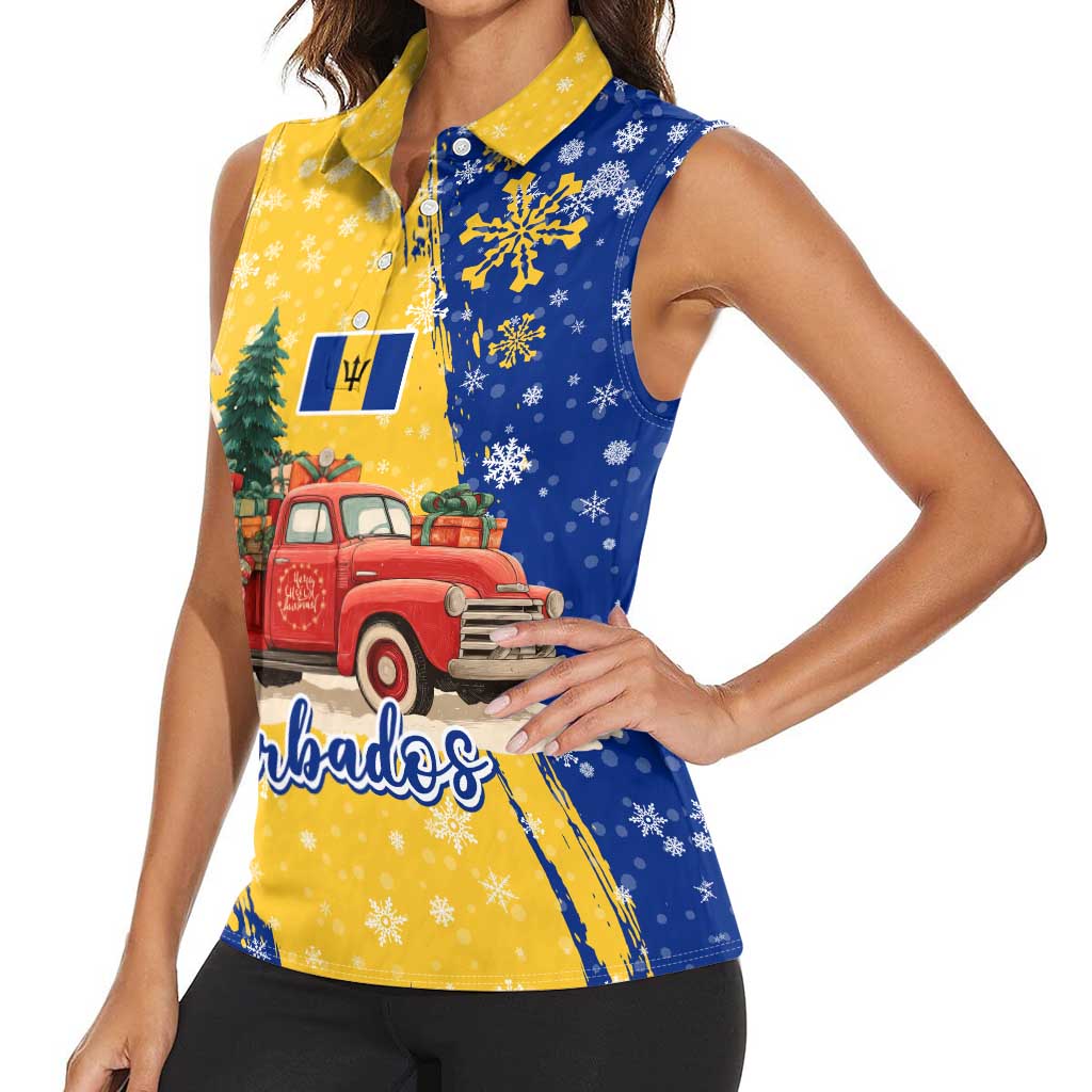 Barbados Christmas Women Sleeveless Polo Shirt with Blue Yellow Xmas Snowflakes Red Truck and Coat of Arms - Wonder Print Shop