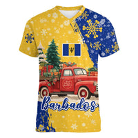 Barbados Christmas Women V-Neck T-Shirt with Blue Yellow Xmas Snowflakes Red Truck and Coat of Arms - Wonder Print Shop