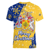 Barbados Christmas Women V-Neck T-Shirt with Blue Yellow Xmas Snowflakes Red Truck and Coat of Arms - Wonder Print Shop