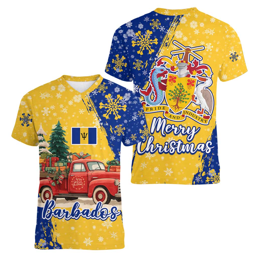 Barbados Christmas Women V-Neck T-Shirt with Blue Yellow Xmas Snowflakes Red Truck and Coat of Arms - Wonder Print Shop