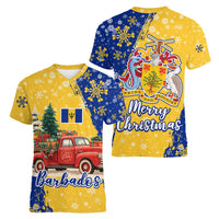 Barbados Christmas Women V-Neck T-Shirt with Blue Yellow Xmas Snowflakes Red Truck and Coat of Arms - Wonder Print Shop