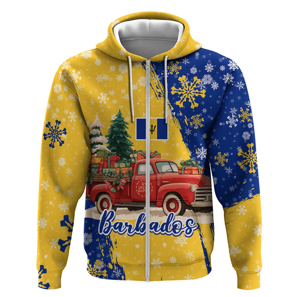 Barbados Christmas Zip Hoodie with Blue Yellow Xmas Snowflakes Red Truck and Coat of Arms - Wonder Print Shop