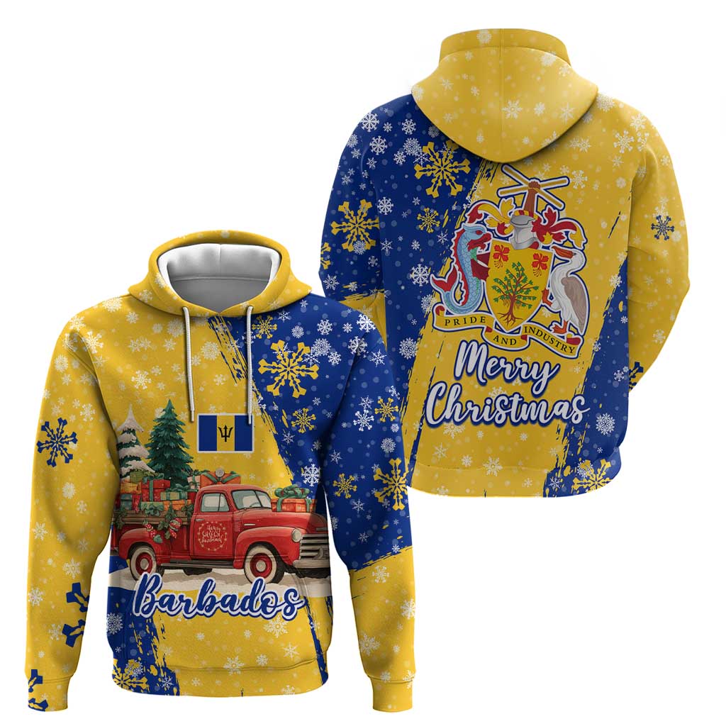 Barbados Christmas Zip Hoodie with Blue Yellow Xmas Snowflakes Red Truck and Coat of Arms - Wonder Print Shop