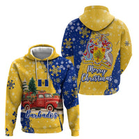 Barbados Christmas Zip Hoodie with Blue Yellow Xmas Snowflakes Red Truck and Coat of Arms - Wonder Print Shop