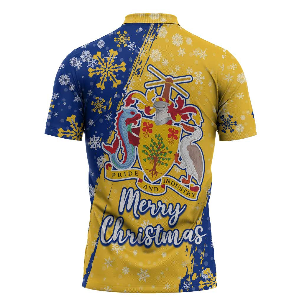 Barbados Christmas Zipper Polo Shirt with Blue Yellow Xmas Snowflakes Red Truck and Coat of Arms - Wonder Print Shop
